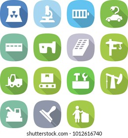 flat vector icon set - nuclear power vector, microscope, battery, electric car, bunker, slum, brick, tower crane, fork loader, transporter tape, repair tools, oil pump, harvester, scraper