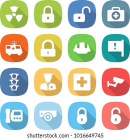 flat vector icon set - nuclear vector, lock, unlock, doctor case, ambulance car, building helmet, important flag, traffic light, security man, first aid, surveillance, intercome, camera