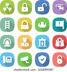 flat vector icon set - nuclear vector, lock, unlock, ambulance helicopter, ladder, building helmet, important flag, alarm, security man, detector, life vest, intercome, surveillance camera, shield