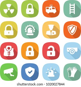 flat vector icon set - nuclear vector, lock, ambulance car, ladder, alarm, security man, shield, life vest, locked, unlocked, surveillance camera, siren, gloves