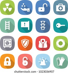 flat vector icon set - nuclear vector, chemical industry, unlock, doctor case, ladder, important flag, traffic light, key, safe, shield, life vest, lifebuoy, locked, siren, gloves