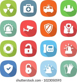 flat vector icon set - nuclear vector, doctor case, ambulance car, building helmet, alarm, surveillance, shield, life vest, lifebuoy, unlocked, intercom, unlock, siren, gloves