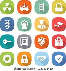 flat vector icon set - nuclear vector, ambulance car, ladder, lock, traffic light, alarm, security man, surveillance, key, safe, shield, life vest, lifebuoy, locked, camera