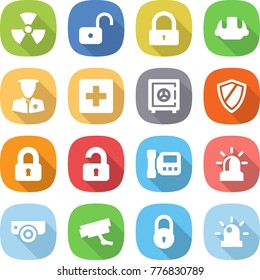 flat vector icon set - nuclear vector, unlock, lock, building helmet, security man, first aid, safe, shield, locked, unlocked, intercome, alarm, surveillance camera, siren