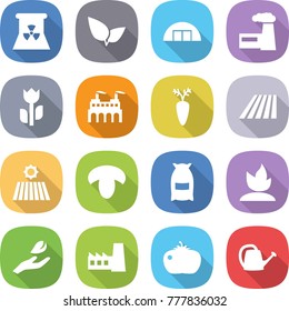 flat vector icon set - nuclear power vector, leafs, hangare, factory, perishable, carrot, field, mushroom, flour, sprouting, hand leaf, tomato, watering can