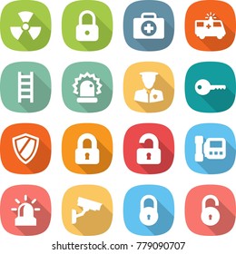 flat vector icon set - nuclear vector, lock, doctor case, ambulance car, ladder, alarm, security man, key, shield, locked, unlocked, intercome, surveillance camera, unlock