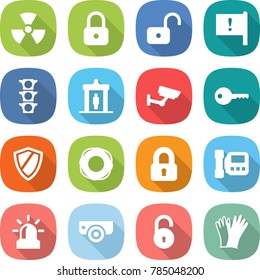 flat vector icon set - nuclear vector, lock, unlock, important flag, traffic light, detector, surveillance, key, shield, lifebuoy, locked, intercome, alarm, camera, gloves
