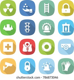 flat vector icon set - nuclear vector, chemical industry, ladder, lock, building helmet, traffic light, alarm, detector, first aid, life vest, lifebuoy, surveillance camera, siren, gloves
