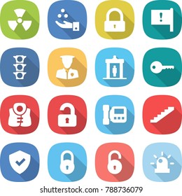 flat vector icon set - nuclear vector, chemical industry, lock, important flag, traffic light, security man, detector, key, life vest, unlocked, intercome, stairs, shield, unlock, siren
