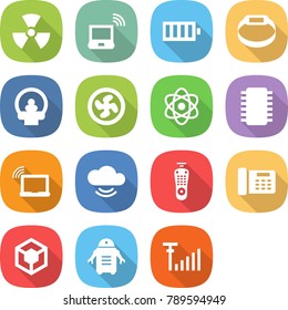 flat vector icon set - nuclear vector, notebook wireless, battery, smart bracelet, tomography, cooler fan, atom, chip, laptop wifi, cloud service, remote control, office phone, 3d, robot