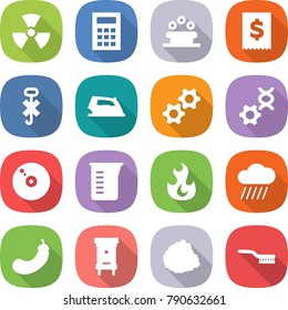 flat vector icon set - nuclear vector, calculator, flower bed, tax, do not hook sign, iron, gears, dna edit, cd, measuring cup, fire, rain cloud, eggplant, hive, pile of garbage, brush