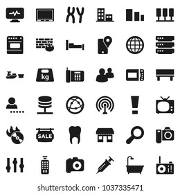 Flat vector icon set - office vector, traking, port, sorting, weight, music hit, camera, antenna, settings, remote control, internet, group, syringe, chromosomes, diagnostic monitor, tooth, server