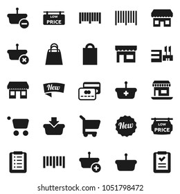 Flat vector icon set - office vector, barcode, low price signboard, credit card, new, shopping bag, store, mall, basket, cart, list