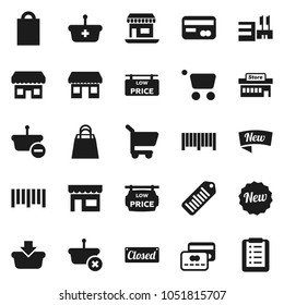 Flat vector icon set - office vector, barcode, low price signboard, credit card, new, closed, shopping bag, store, mall, basket, cart, list