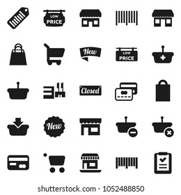 Flat vector icon set - office vector, barcode, low price signboard, credit card, new, closed, shopping bag, store, mall, basket, cart, list