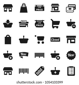 Flat vector icon set - office vector, barcode, low price signboard, credit card, new, closed, shopping bag, store, mall, basket, cart, list