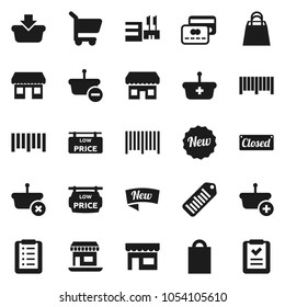Flat vector icon set - office vector, barcode, low price signboard, credit card, new, closed, shopping bag, store, mall, basket, cart, list