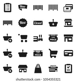 Flat vector icon set - office vector, barcode, low price signboard, credit card, new, closed, shopping bag, store, mall, basket, cart, list