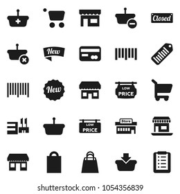 Flat vector icon set - office vector, barcode, low price signboard, credit card, new, closed, shopping bag, store, mall, basket, cart, list