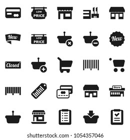 Flat vector icon set - office vector, barcode, low price signboard, credit card, new, closed, store, mall, basket, cart, shopping list