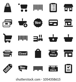Flat vector icon set - office vector, barcode, low price signboard, credit card, new, closed, shopping bag, store, mall, basket, cart, list