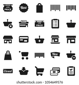 Flat vector icon set - office vector, barcode, low price signboard, credit card, new, closed, shopping bag, store, mall, basket, cart, list