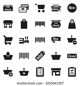 Flat vector icon set - office vector, barcode, low price signboard, credit card, new, closed, shopping bag, store, mall, basket, cart, list