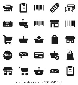 Flat vector icon set - office vector, barcode, low price signboard, credit card, new, closed, shopping bag, store, mall, basket, cart, list
