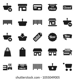 Flat vector icon set - office vector, barcode, low price signboard, credit card, new, closed, shopping bag, store, mall, basket, cart