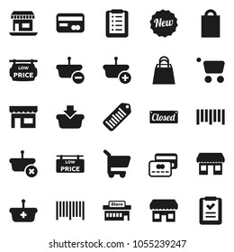 Flat vector icon set - office vector, barcode, low price signboard, credit card, new, closed, shopping bag, store, mall, basket, cart, list