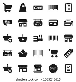 Flat vector icon set - office vector, barcode, low price signboard, credit card, new, closed, shopping bag, store, mall, basket, cart, list