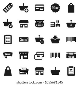 Flat vector icon set - office vector, barcode, low price signboard, credit card, new, closed, shopping bag, store, mall, basket, list