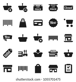Flat vector icon set - office vector, barcode, low price signboard, credit card, new, closed, shopping bag, store, mall, basket, cart, list