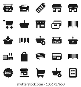 Flat vector icon set - office vector, barcode, low price signboard, credit card, new, shopping bag, store, mall, basket, cart, list