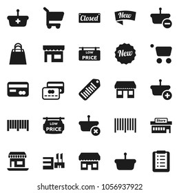 Flat vector icon set - office vector, barcode, low price signboard, credit card, new, closed, shopping bag, store, mall, basket, cart, list