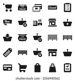 Flat vector icon set - office vector, barcode, low price signboard, credit card, new, closed, shopping bag, store, mall, basket, cart, list