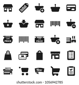 Flat vector icon set - office vector, barcode, low price signboard, credit card, new, shopping bag, store, mall, basket, cart, list