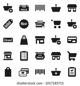 Flat vector icon set - office vector, barcode, low price signboard, credit card, new, closed, shopping bag, store, mall, basket, cart, list