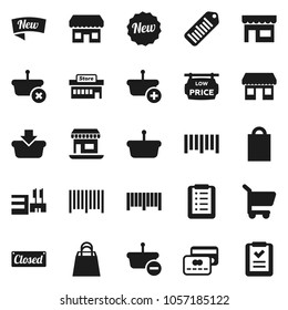 Flat vector icon set - office vector, barcode, low price signboard, credit card, new, closed, shopping bag, store, mall, basket, cart, list