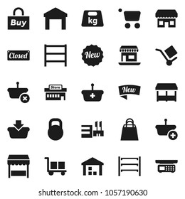 Flat vector icon set - office vector, cargo, warehouse, weight, shelving, new, closed, shopping bag, market, store, mall, buy, basket, cart, scales