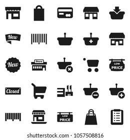 Flat vector icon set - office vector, low price signboard, credit card, new, closed, shopping bag, store, mall, barcode, basket, cart, list