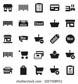 Flat vector icon set - office vector, barcode, low price signboard, credit card, new, closed, shopping bag, store, mall, basket, cart, list