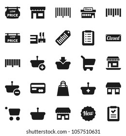 Flat vector icon set - office vector, barcode, low price signboard, credit card, new, closed, shopping bag, store, mall, basket, cart, list