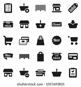 Flat vector icon set - office vector, barcode, low price signboard, credit card, new, closed, shopping bag, store, mall, basket, cart, list