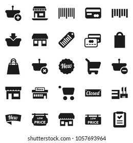 Flat vector icon set - office vector, barcode, low price signboard, credit card, new, closed, shopping bag, store, mall, basket, cart, list