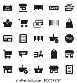 Flat vector icon set - office vector, barcode, low price signboard, credit card, new, closed, shopping bag, store, mall, basket, cart, list