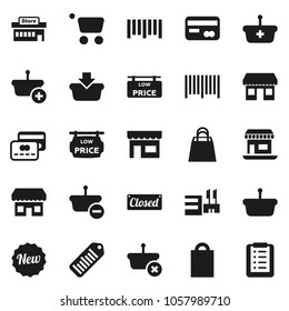 Flat vector icon set - office vector, barcode, low price signboard, credit card, new, closed, shopping bag, store, mall, basket, cart, list