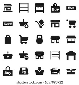 Flat vector icon set - office vector, cargo, warehouse, weight, shelving, open, closed, shopping bag, market, store, mall, buy, basket, cart, scales