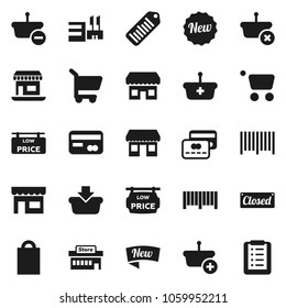 Flat vector icon set - office vector, barcode, low price signboard, credit card, new, closed, shopping bag, store, mall, basket, cart, list