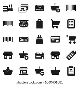 Flat vector icon set - office vector, barcode, low price signboard, credit card, closed, shopping bag, store, mall, basket, cart, list